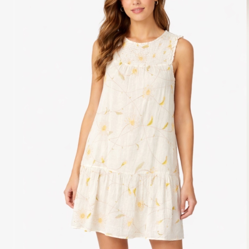 Lilla P Floral Summery Cotton Sleeveless Smocked Mini Dress Ivory Size Small